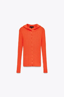 GILET EN MAILLE À CAPUCHE ET BORD CÔTELÉ