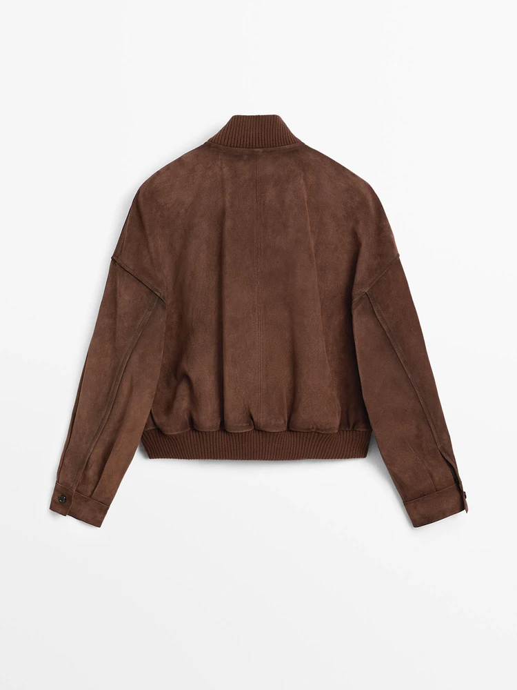 Suede leather bomber jacket with pockets