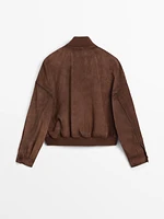 Suede leather bomber jacket with pockets