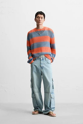 STRIPED OPEN WEAVE SWEATER