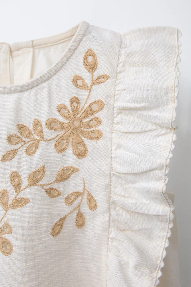 EMBROIDERED FLORAL LINEN BLEND TOP