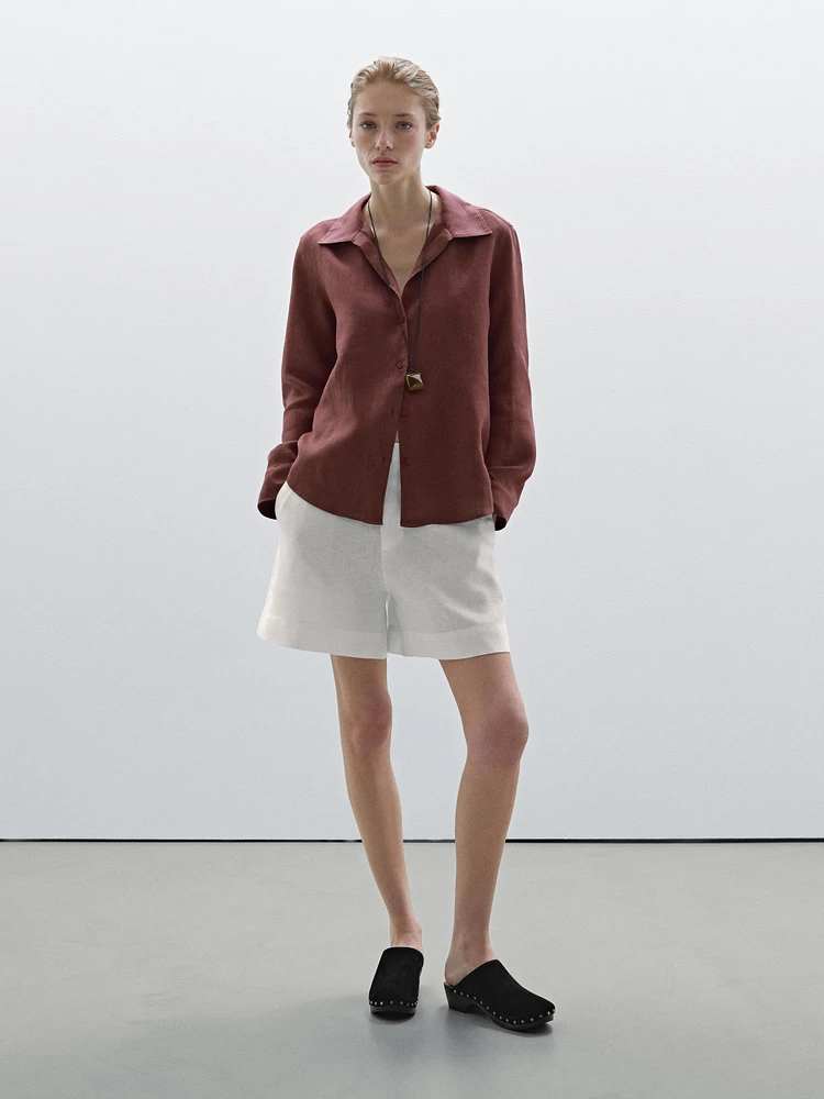 100% linen open collar shirt