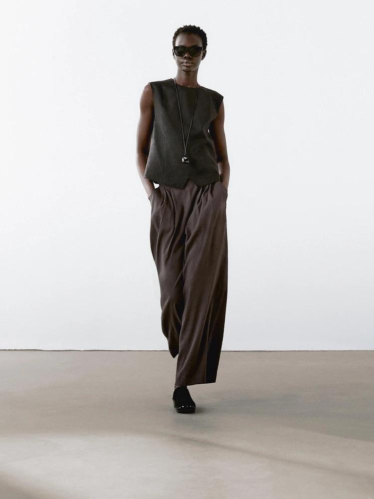 Pantalon plissé en lin mélangé