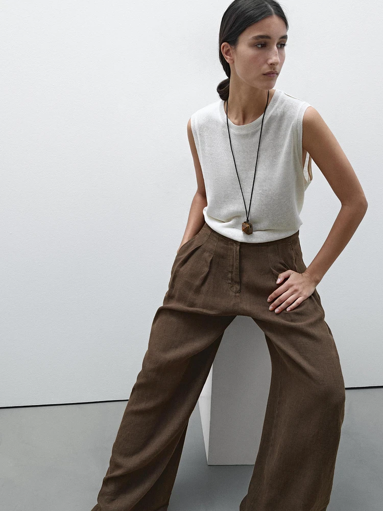 Pantalon wide leg 100 % lin