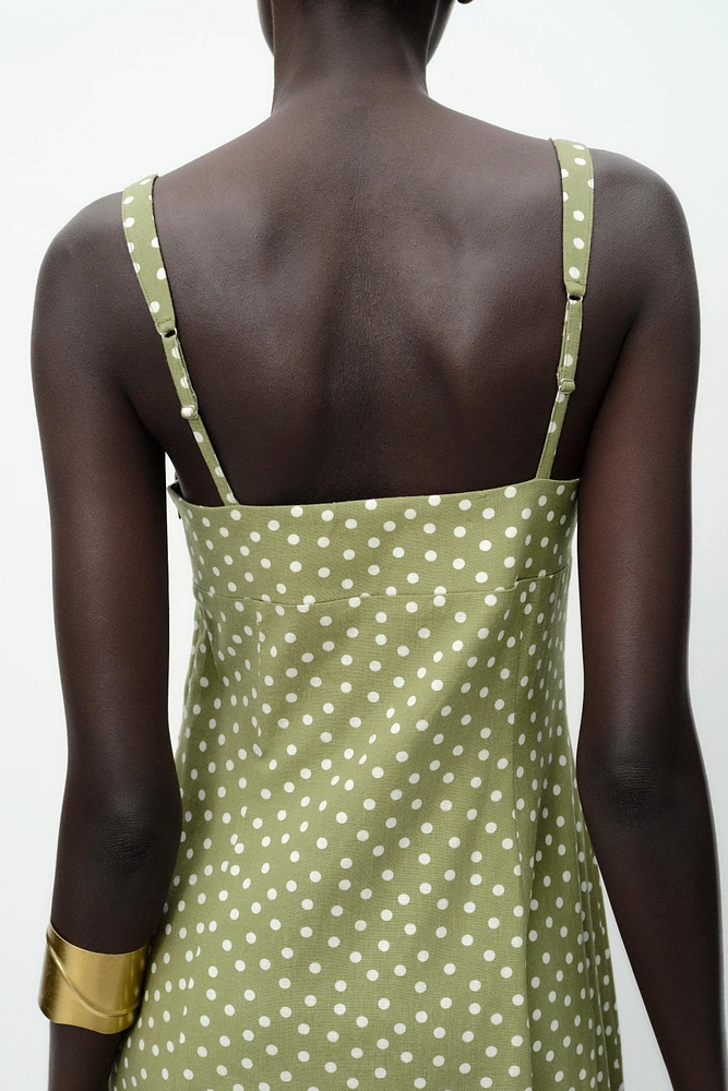 LINEN BLEND POLKA DOT MIDI DRESS