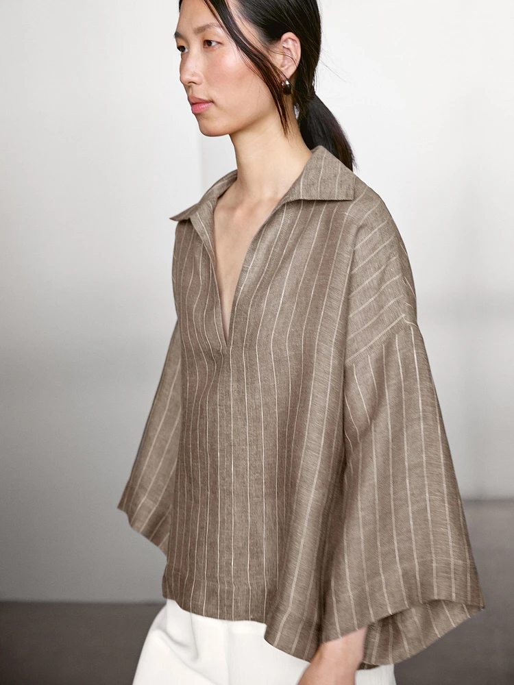 Striped linen open neck blouse