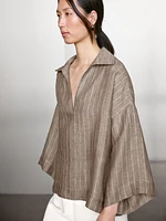 Striped linen open neck blouse