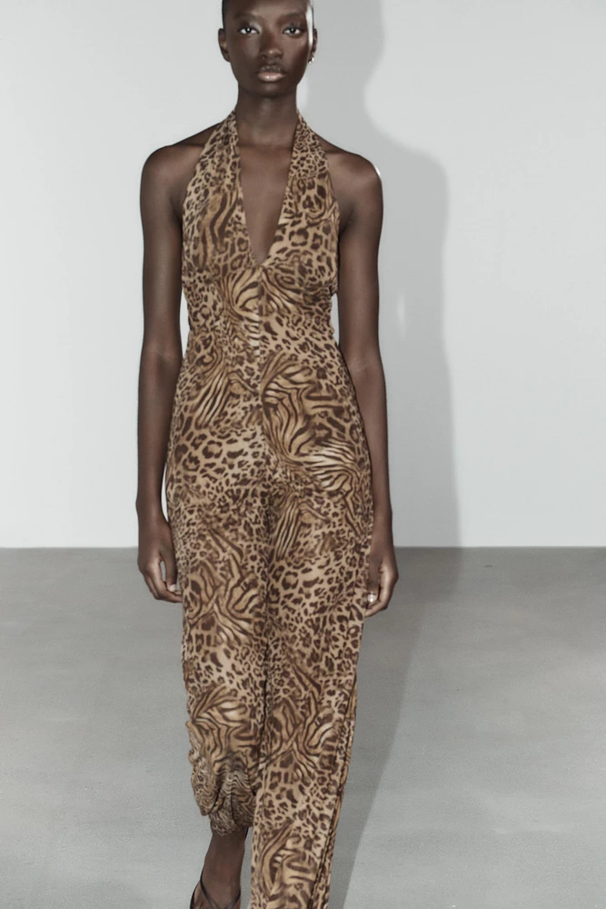 ANIMAL PRINT TULLE HALTER JUMPSUIT