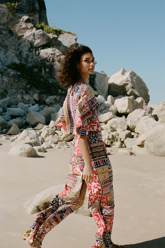 PATCHWORK PRINT WIDE LEG PANTS