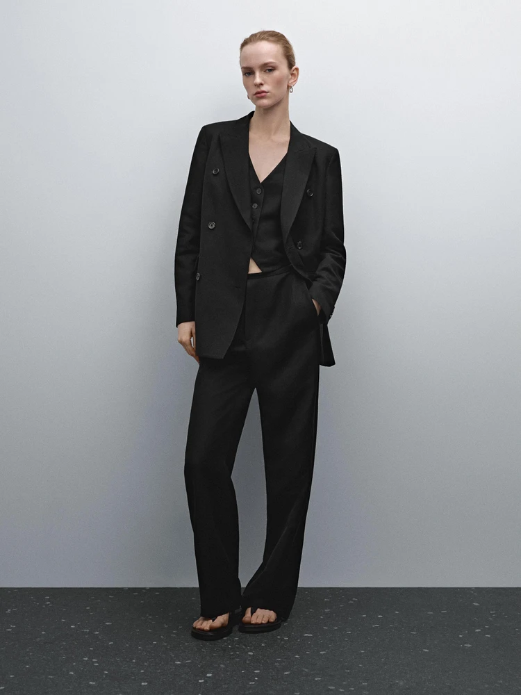 Straight fit flowing linen blend trousers