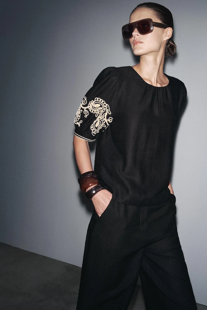 ZW COLLECTION LINEN BLEND EMBROIDERED TOP