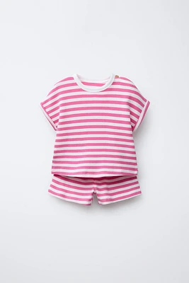 STRIPED WAFFLE T-SHIRT AND BERMUDA SET