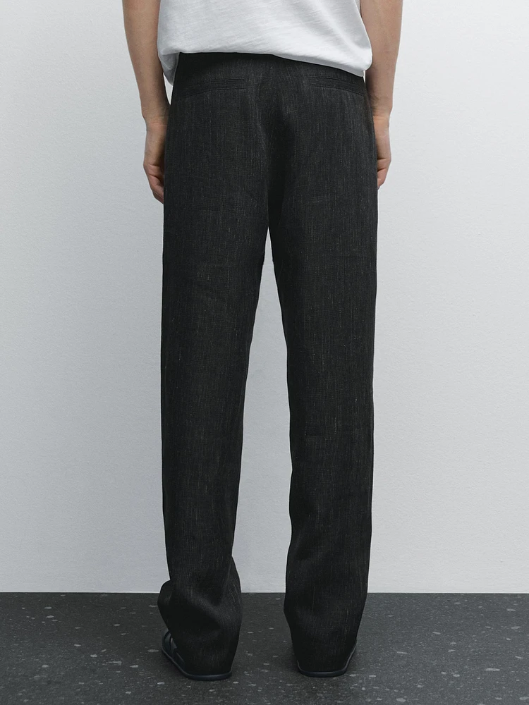 100% linen trousers with check detail