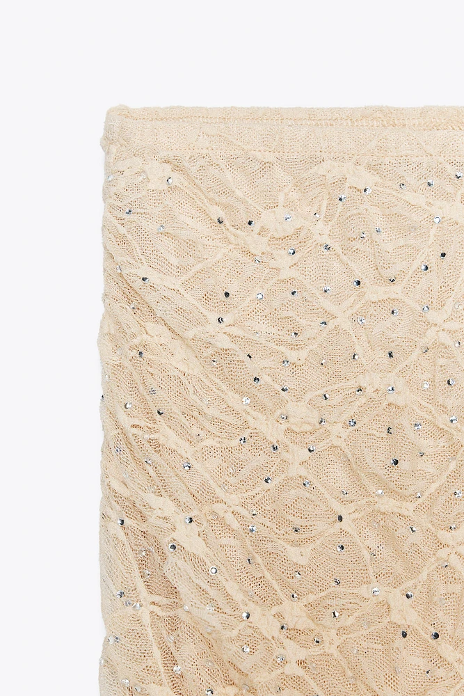 DRAPED LACE RHINESTONE SKIRT
