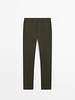 Cotton blend textured slim fit trousers