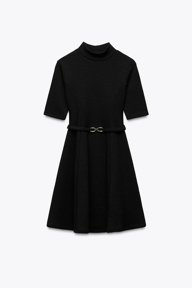 STRETCH KNIT SKATER DRESS WITH BELT