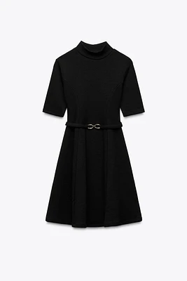 STRETCH KNIT SKATER DRESS WITH BELT