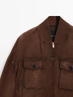 Suede leather bomber jacket with pockets