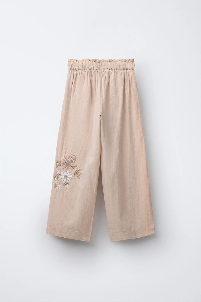 EMBROIDERED LINEN BLEND PANTS