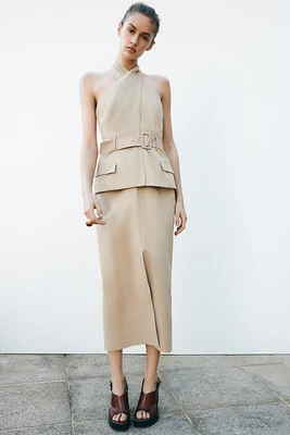 CROSSOVER BELTED MIDI DRESS