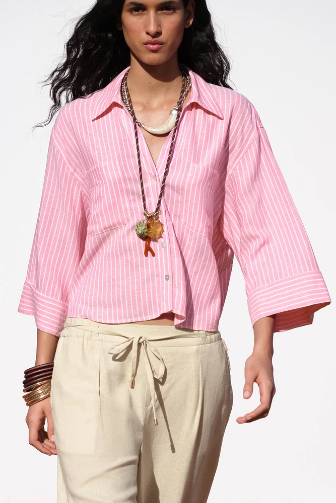 CHEMISE COURTE À RAYURES AVEC LIN
