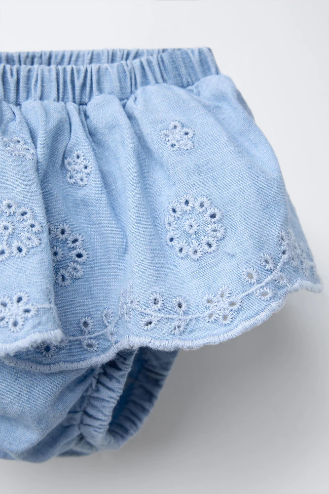 EMBROIDERED RUFFLE DENIM BOTTOMS