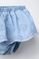 EMBROIDERED RUFFLE DENIM BOTTOMS