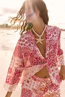 PRINTED BLOUSE WITH GUIPURE LACE SLEEVES