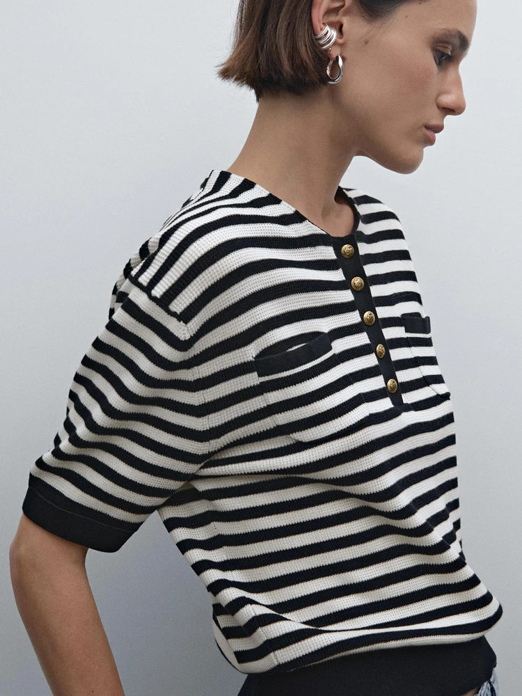 Striped short sleeve knit sweater