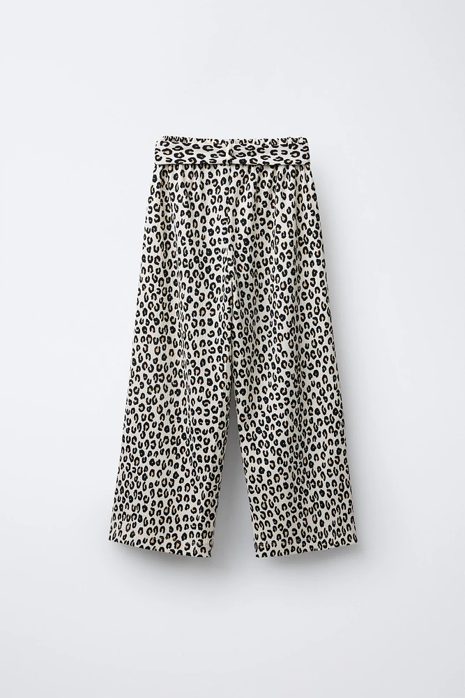 ANIMAL PRINT TEXTURED BELTED PANTS