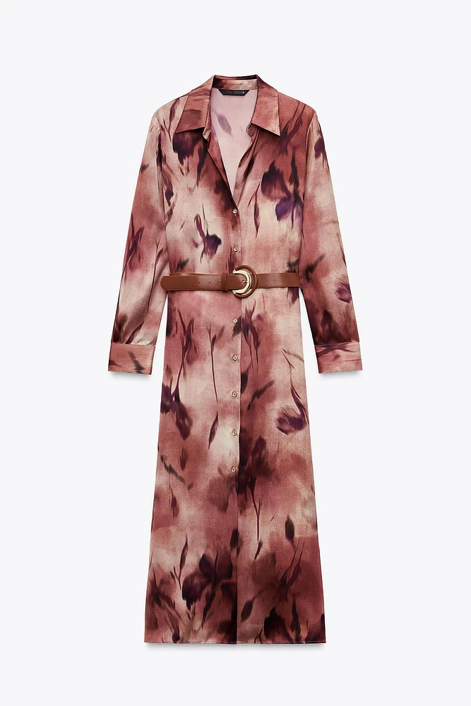 PRINTED SATIN MIDI DRESS WITH BELT