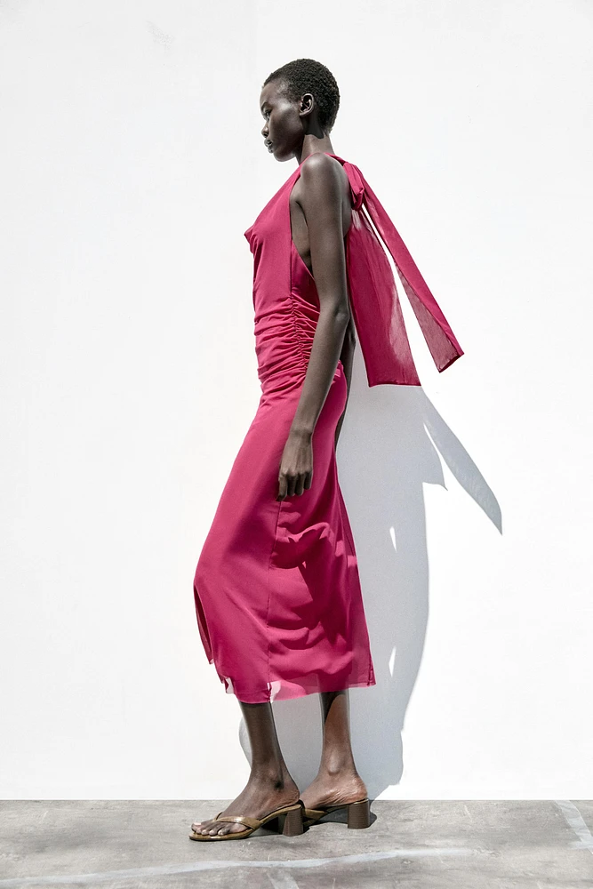 DRAPED HALTER TULLE DRESS