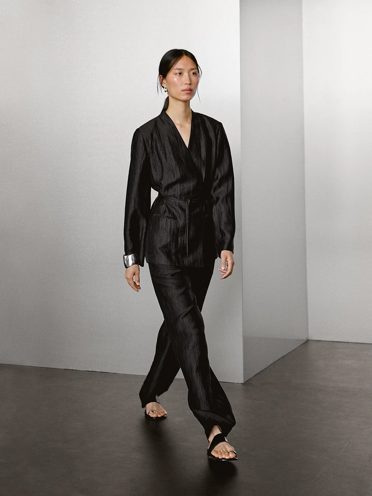 Pantalon palazzo à pinces en lin mélangé
