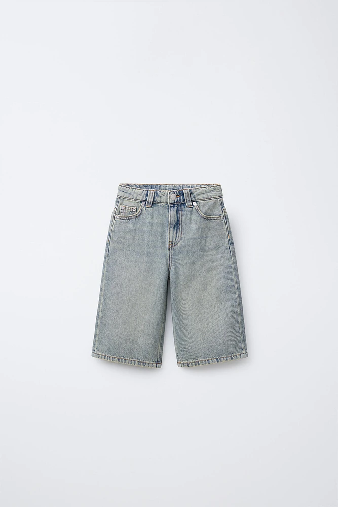 WASHED-EFFECT DENIM LONG SHORTS