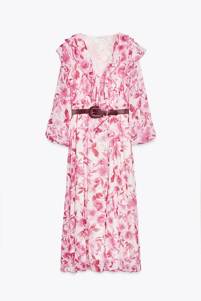 BELTED PRINTED MIDI DRESS