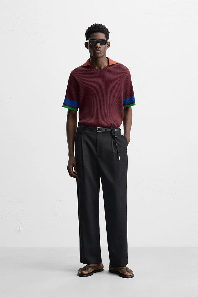 COLOR BLOCK RIBBED KNIT POLO SHIRT