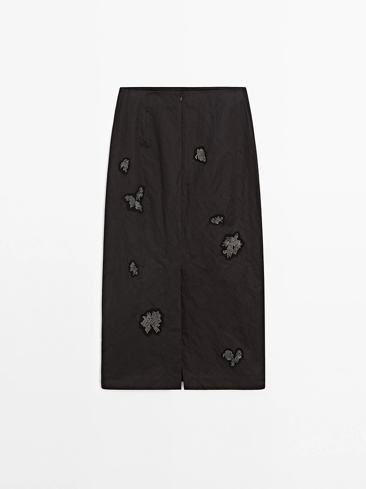 Cotton blend rhinestone midi skirt