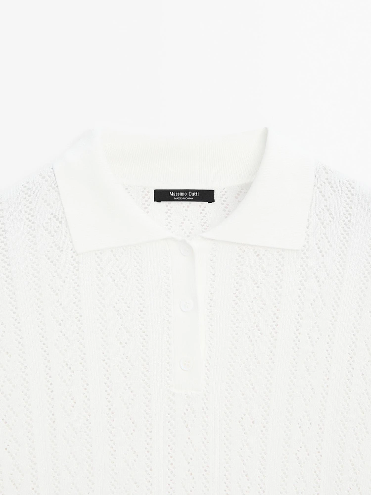 Cotton blend knit polo collar sweater