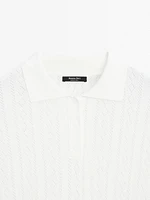 Cotton blend knit polo collar sweater