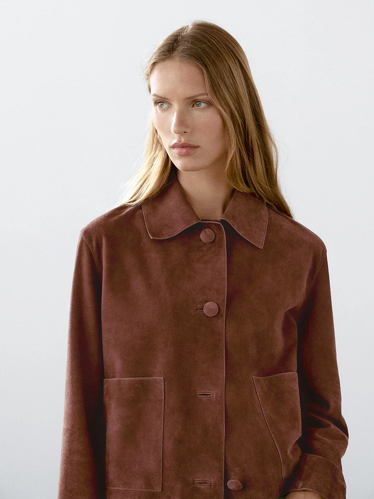 Cropped suede leather-lined jacket with buttons