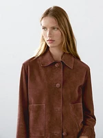 Cropped suede leather-lined jacket with buttons