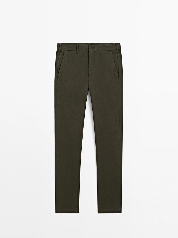 Cotton blend textured slim fit trousers