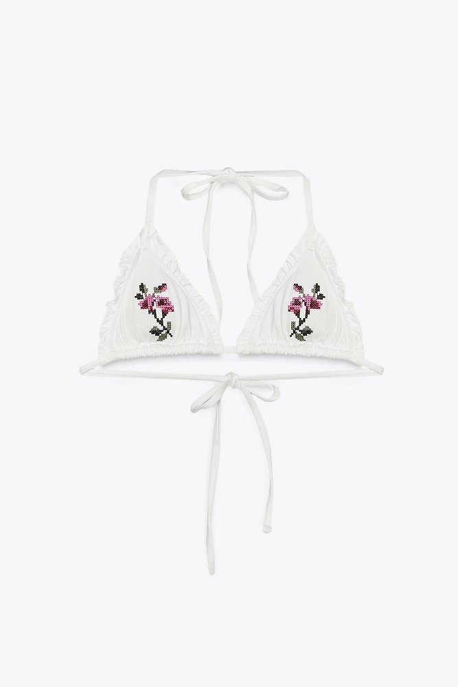 CROSS-STITCH FLOWER TRIANGLE BIKINI TOP