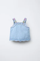 TOP EN DENIM FLEURS BRODÉES