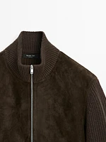 Contrast knit suede leather jacket
