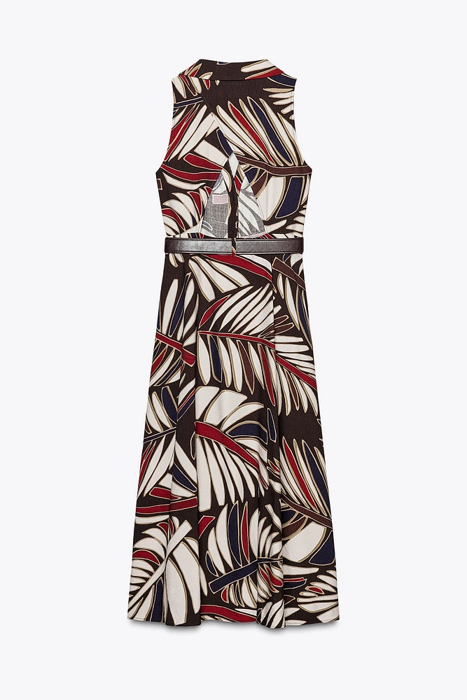 BELTED PRINTED MIDI DRESS