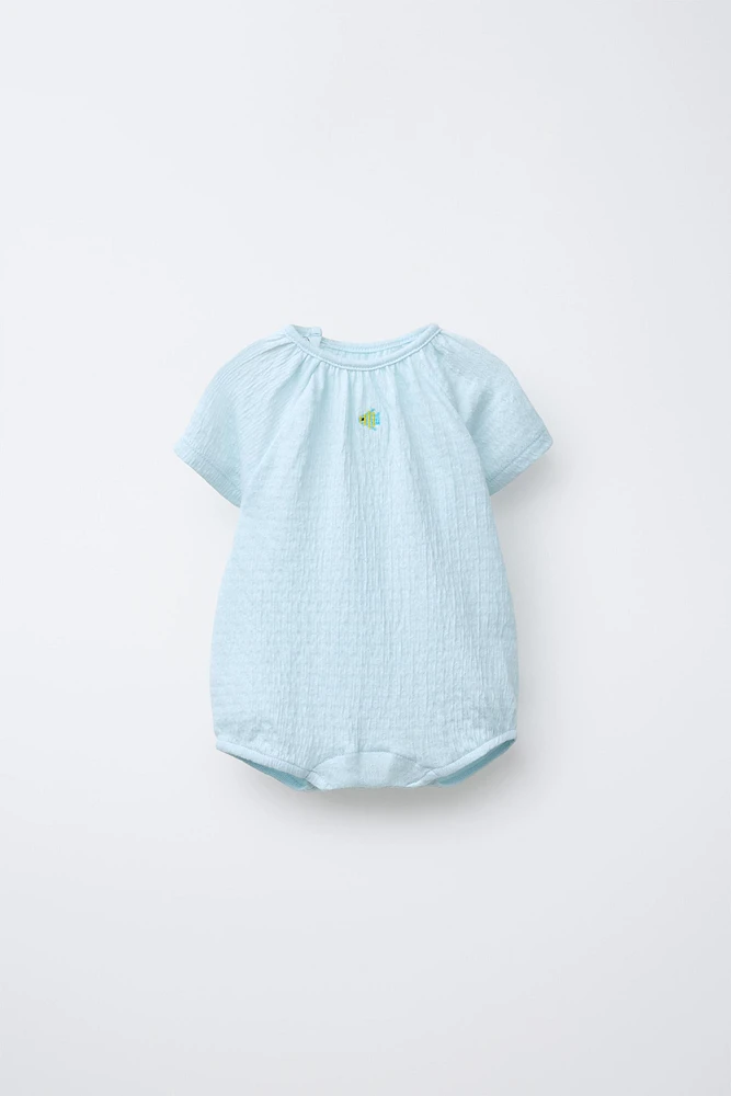 FISH EMBROIDERED TEXTURED ROMPER