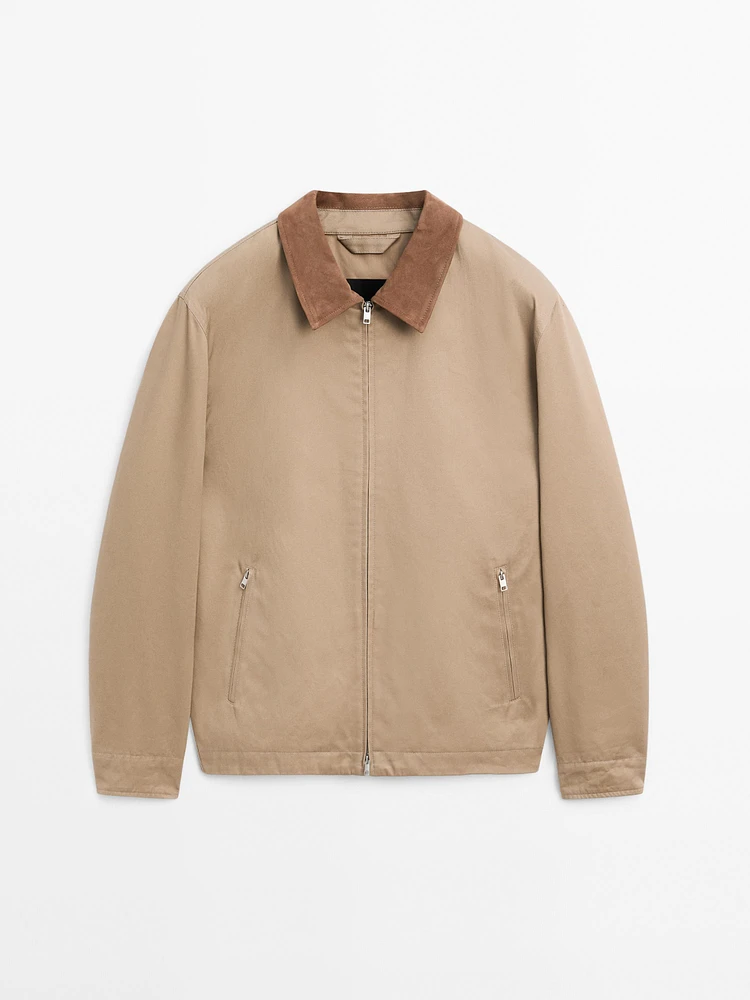 Cotton jacket with leather collar detail