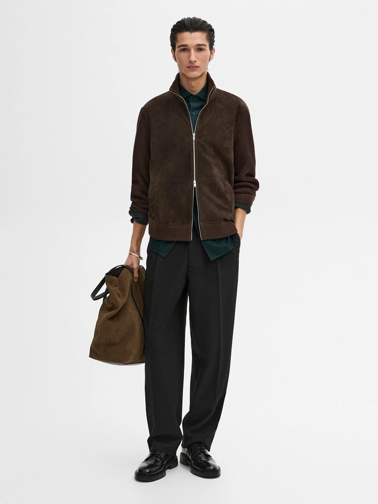 Contrast knit suede leather jacket