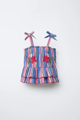 STRIPED TOP WITH EMBROIDERED FLOWERS